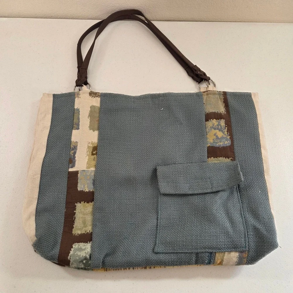 Large Patchwork Tapestry Tote Bag Boho‎ Braided Strap Blue Brown Mustard Handbag